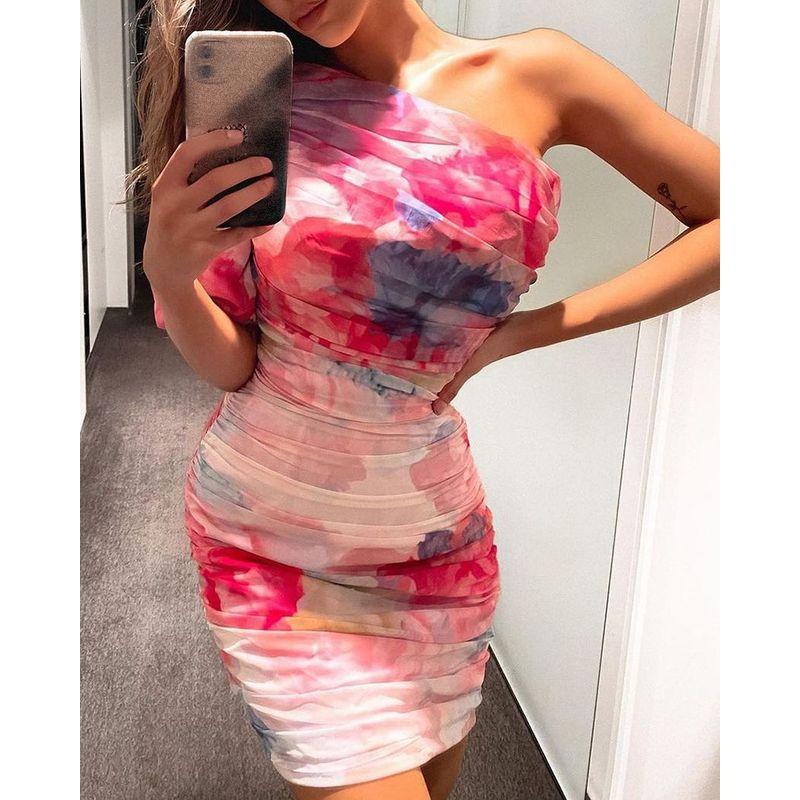 Women's Floral One Shoulder Slim Dress Women's Pink One-Shoulder Pleated Floral Tight Skirt
