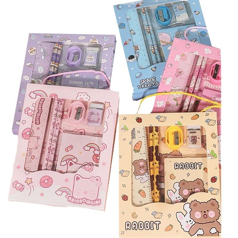 5/6Pcs Cartoon Stationery Set With Pencil Ruler Eraser Sharpener Notebook For Kids Students Back To School Daily Study Gifts