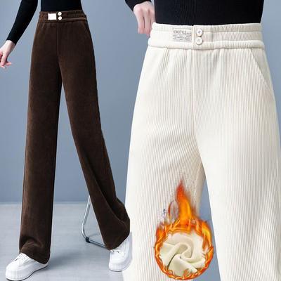 Zima Ženy Retro štýl Nohavice s rovnými nohavicami Lady Chic Plyšové nohavice s vysokým pásom Dámske Všestranné zateplené hrubé nohavice Nohavice