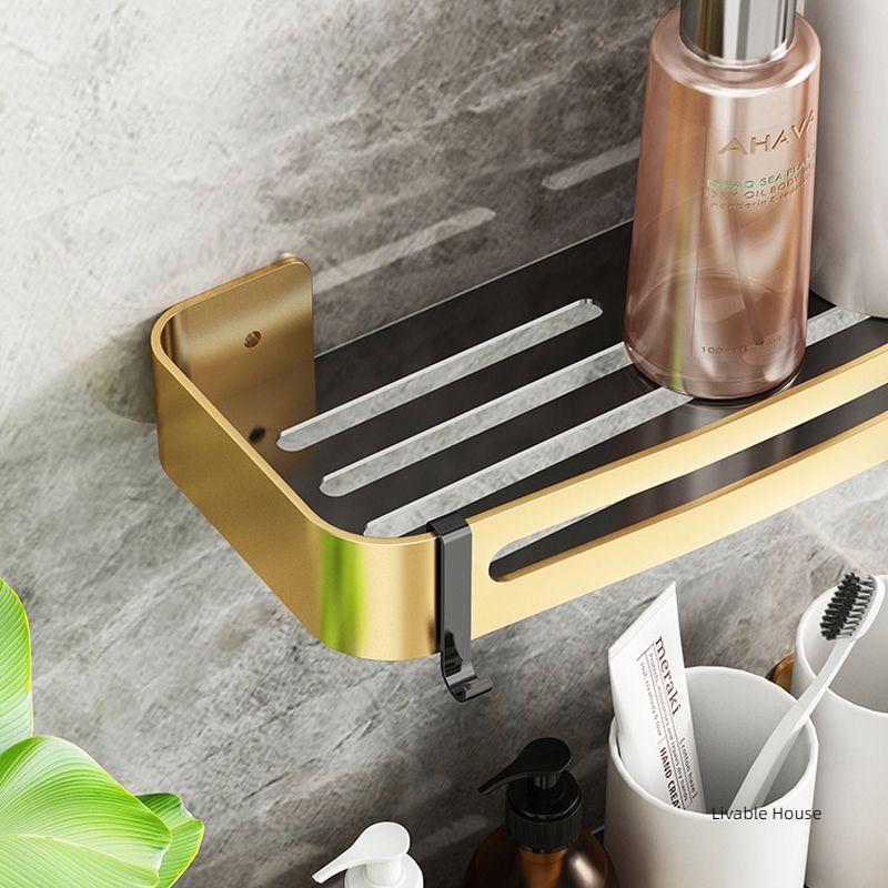 Wall-Mounted Nail-free Shampoo Golden Holder Storage Shelf Toilet Basket Holder Storage Rack Hanging Bathroom Shelves Organizer