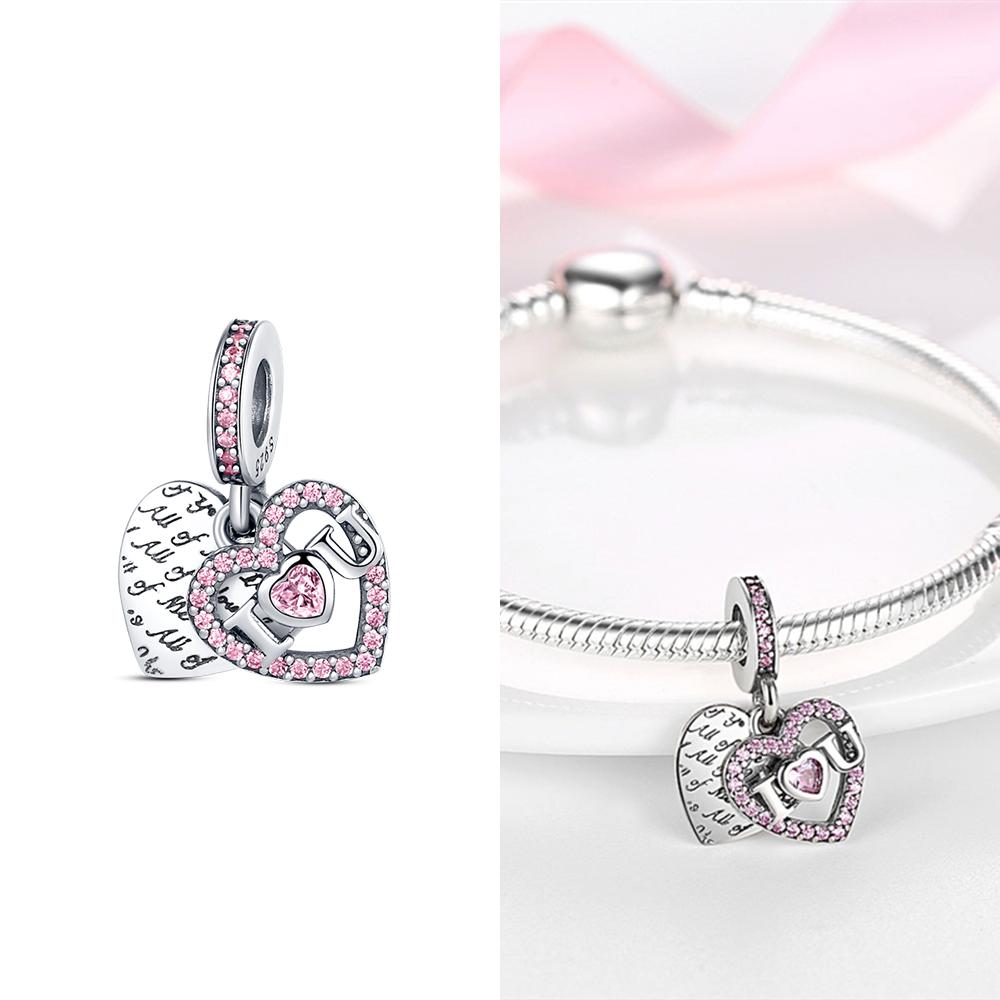 Original Copper Pink Family Love Heart Charm Beads Fit Pan Bracelet Diy Sister Mother Friendship Pendant Fine Gift Jewelry