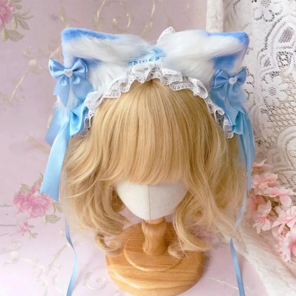 Kawaii Ruffled Headband Ribbon Bow Masquerade Headpiece Sweet Lolita Lace Headband for Women Girls