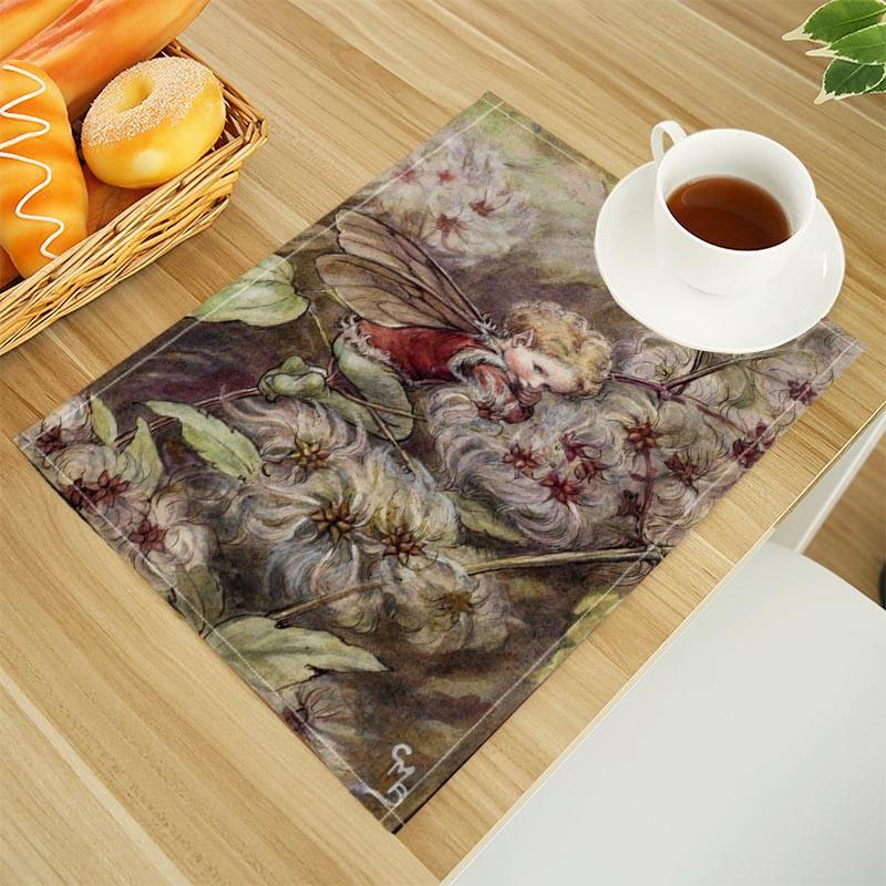 The Fairies Of The Winter Print Linen Dining Table Mats Alphabet Kitchen Placemat 30X45cm Coasters Pads Bowl Cup Mat