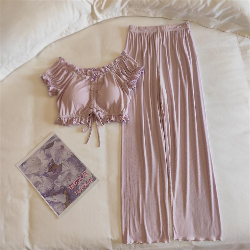 Women's Summer Puff Sleeve Modal Pajamas Set with Integrated Breast Pads - Sexy Pure Desire Homewear