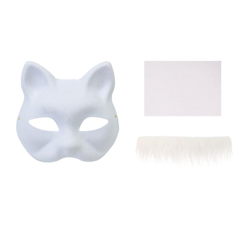 Unpainted Foxes Mask Masquerade Mask Anime Cosplay Mask Hand-Painted Cats Mask with Furs Half Face Mask for Halloween