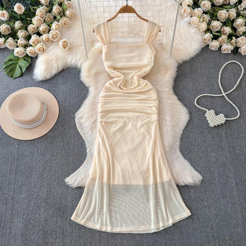 

Stylish Pleated Waist Tight Slim Looking Elegant Fishtail Dress Goddess Temperament Sexy Mesh over the Knee Suspender Long Dress Apricot All yards