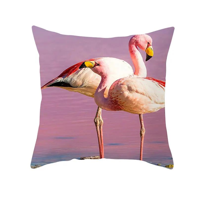 Housse de Coussin Décorative Flamant Rose Plantes Tropicales d'Été Feuilles Vertes Housse de Coussin à Jeter Housse de Coussin Flamant Rose