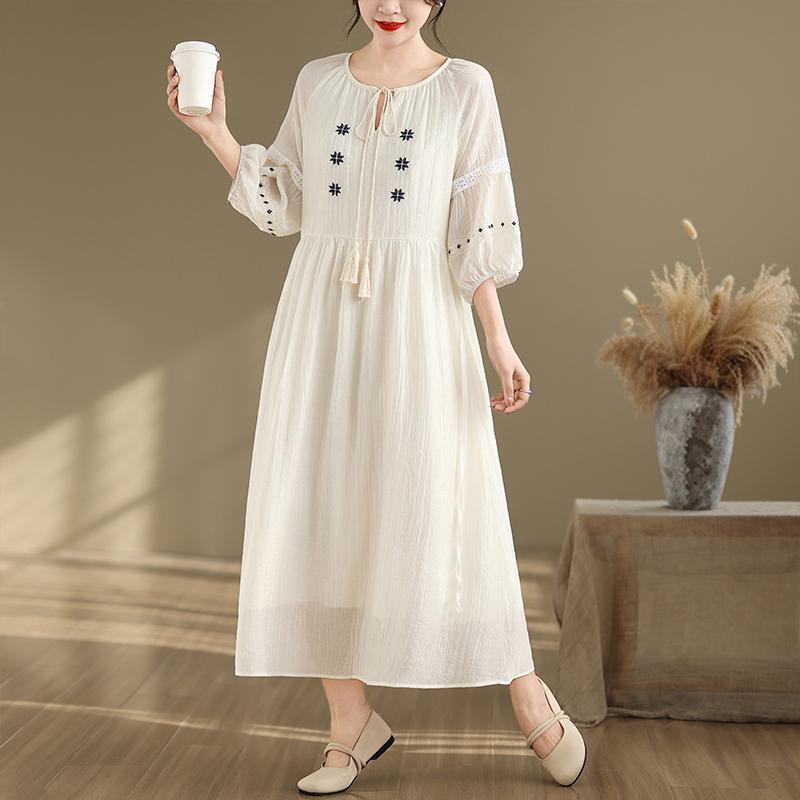 

DIMANAF 2025 Summer Women Plus Size Dress Vintage Basic Pleated Oversized Casual Loose Long Dress New XL бежевый