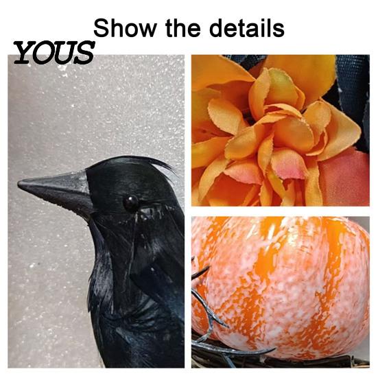 Realistic Theme Party Props Halloween Door Sign, Artificial Floral Branch Crow Moon Wall Hanger with Fabric Hanging Decor Bird, Spooky Window Yard for