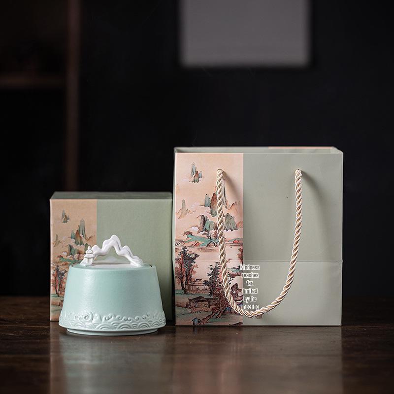 Chinese-Style Ceramic Tea Caddy: Small Mountain Viewing Sealed Jar with Moisture-Proof Packaging for Red and Green Pu'er Tea