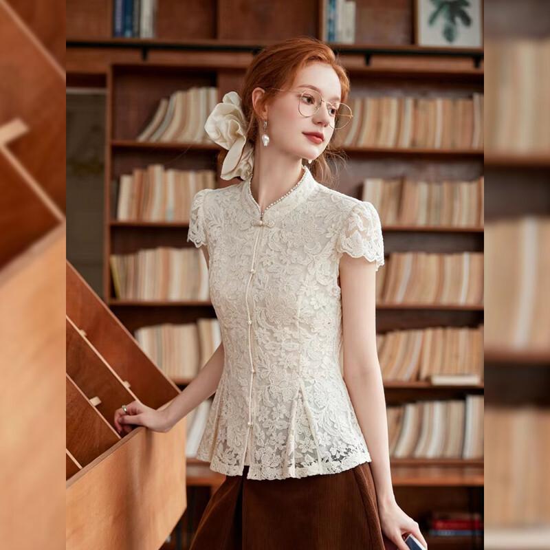 Elegant Chinese Style Lace Short-Sleeve Blouse M