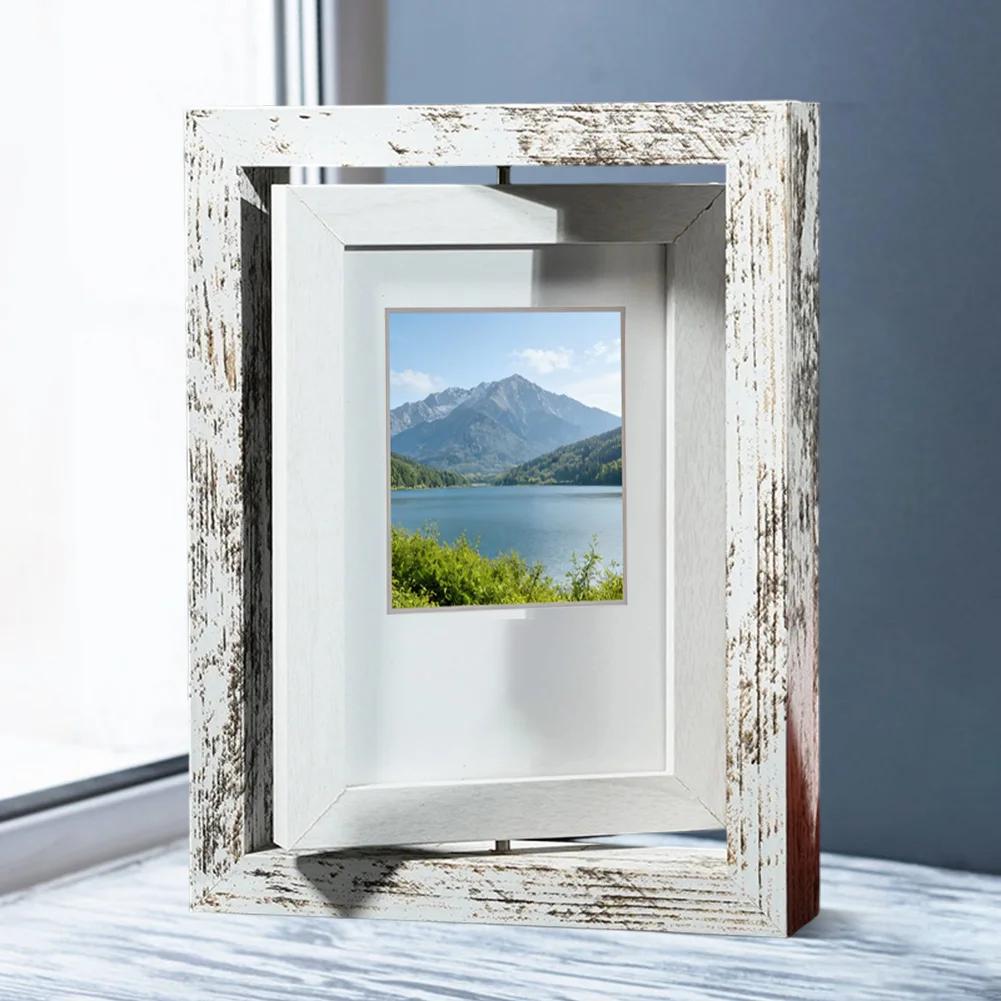 Dual-Sided 360° Rotating Wooden Picture Frame, Elegant Desktop Decor Holds Two 7-Inch Photos For Home Or Office Display