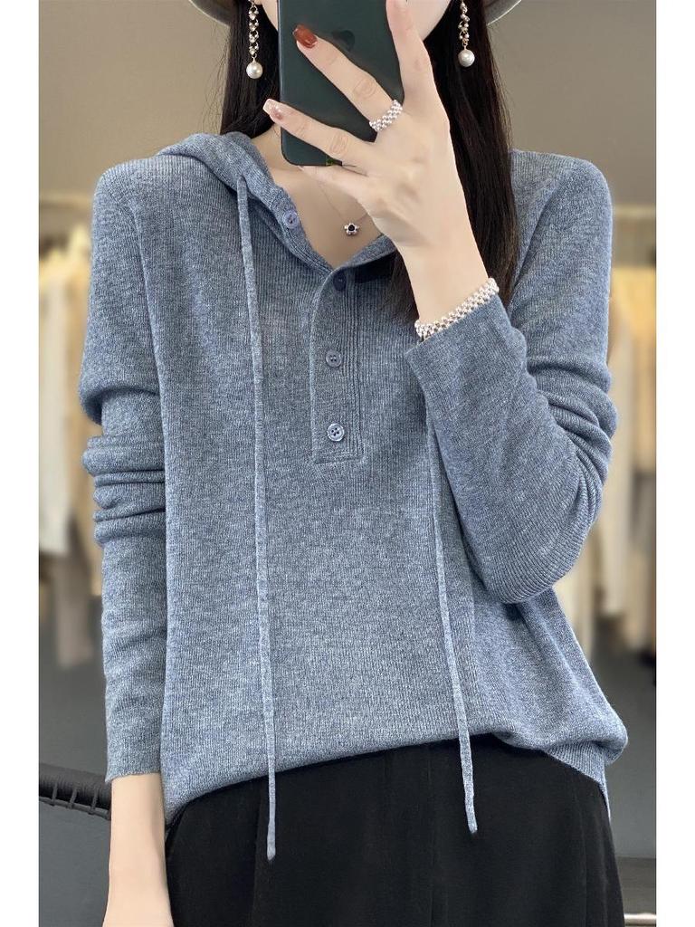 Spring & Autumn Wool Hoodie: Casual, Lazy-Style Knitted Sweater, Slimming Button-Up, Versatile for Women