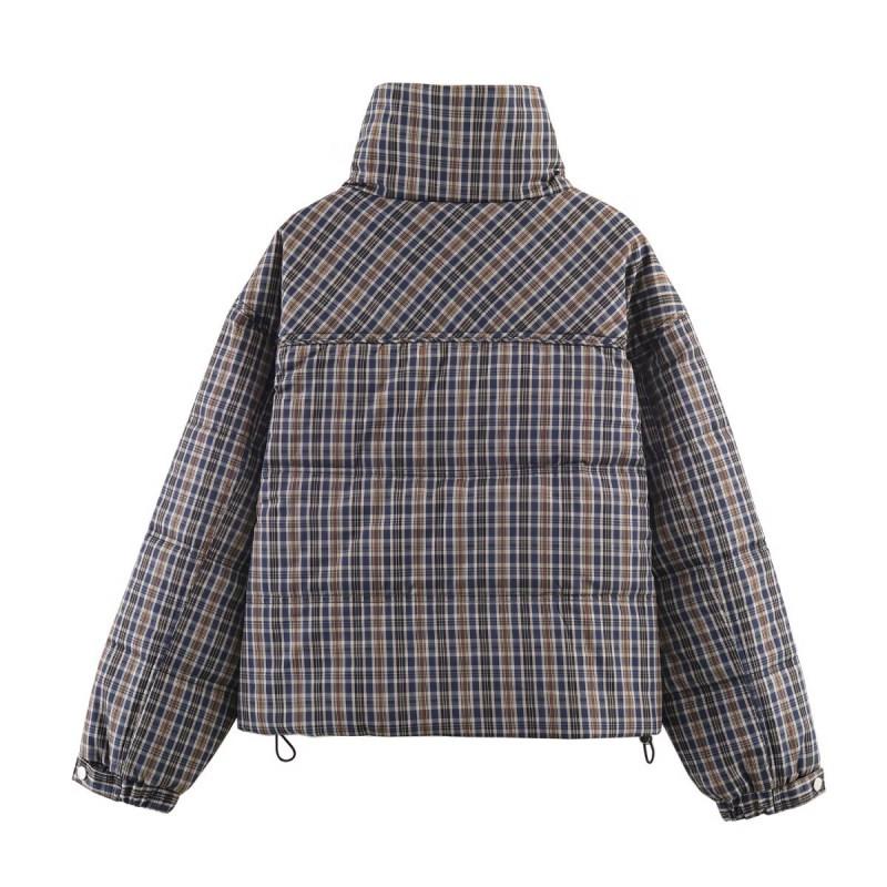 Womens Oversized Plaid Cotton Puffer Jacket With Stand Collar Zip Front 2026 Winter Casual Streetwear