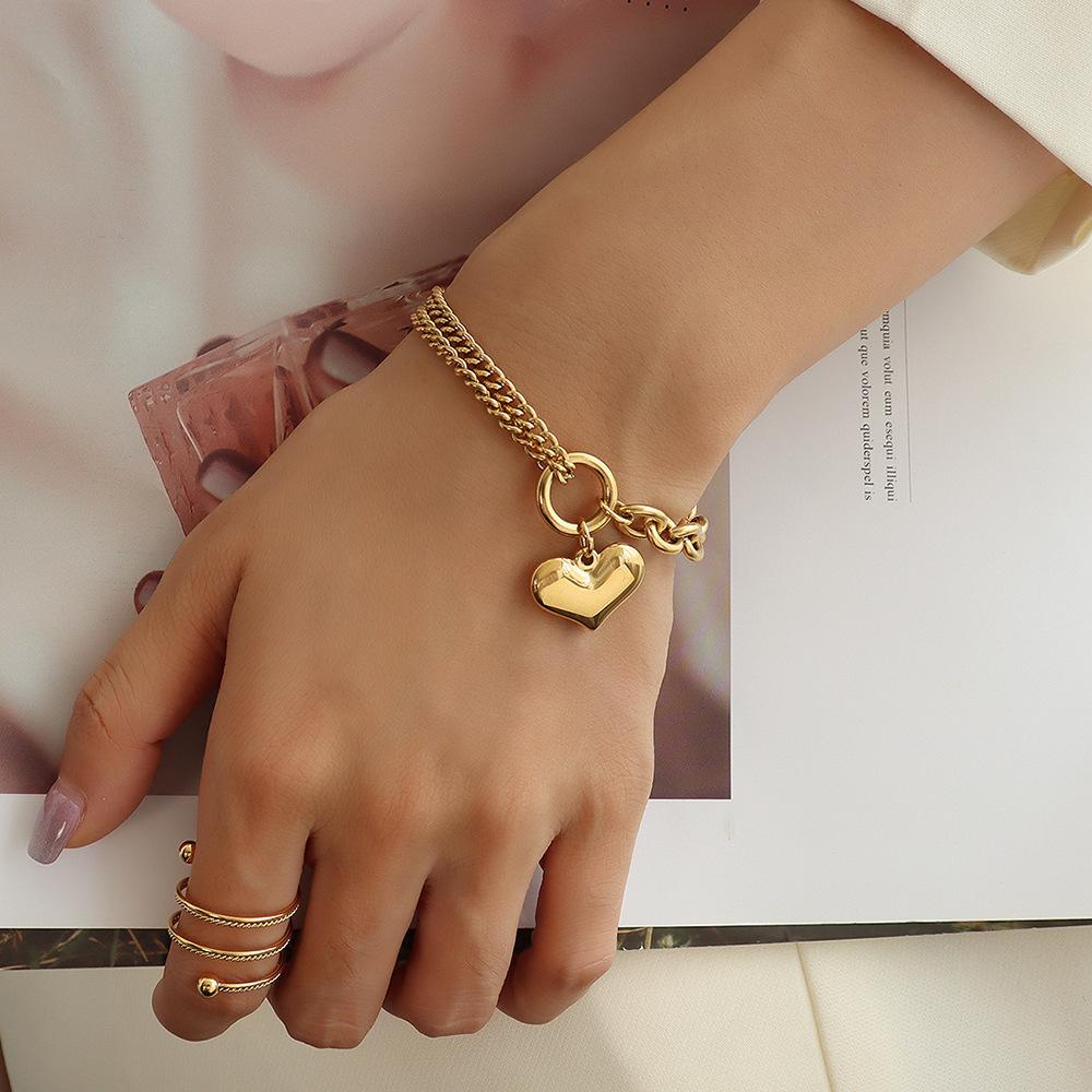 Statement Heart Pendant Bracelet Stainless Steel Gold color Zircon Fashion Metal Texture Bracelet Accessories 2023