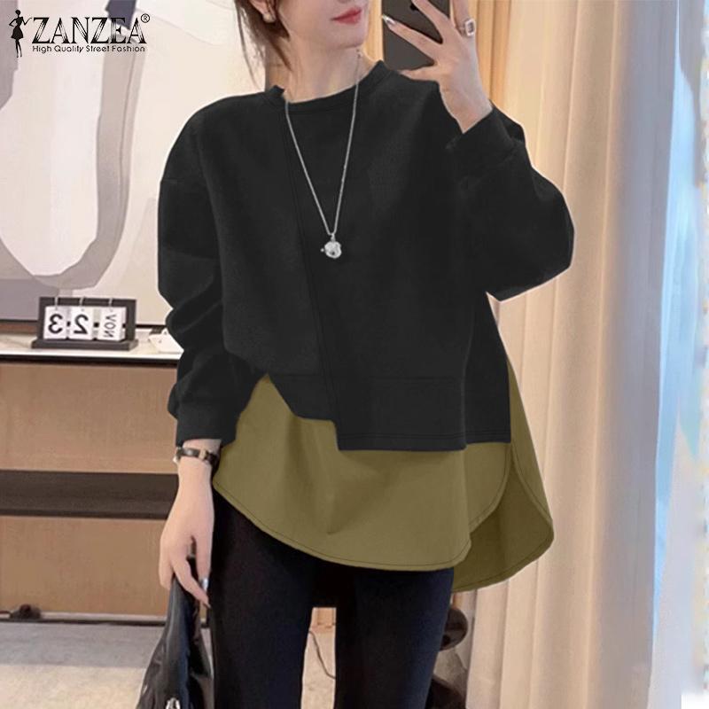 

ZANZEA Женская повседневная блузка с круглым вырезом, длинным рукавом, свободного кроя, с вставками 2XL чёрный