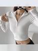 European & American 2025 Trendy Slimming Long Sleeve Zipper Half Open Collar Cropped Versatile Women's T-shirt