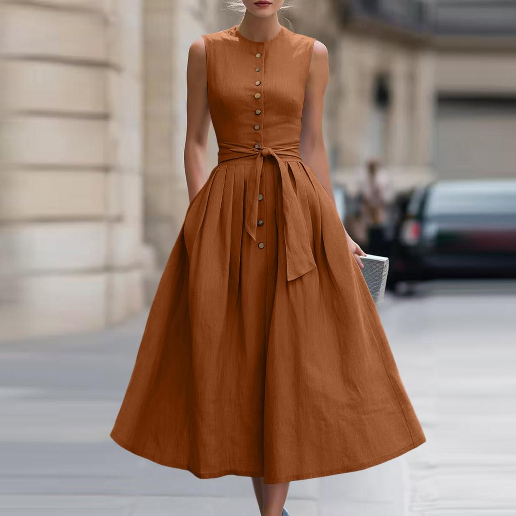 Abito midi da donna senza maniche con bottoni frontali in misto cotone e lino con cintura in vita e tasche, vestibilità classica per l'uso quotidiano