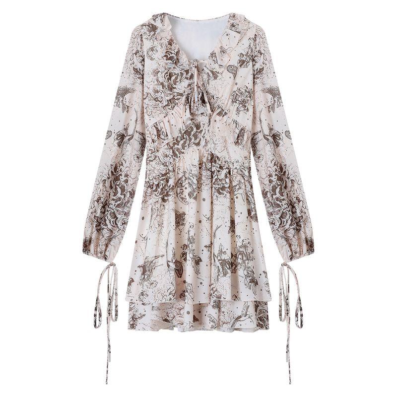 

Kumikumi Design Sense Deerskin Velvet Brown Long sleeve Outerwear Women Autumn Inner wear Print Dress Two-piece Set Print Dress L