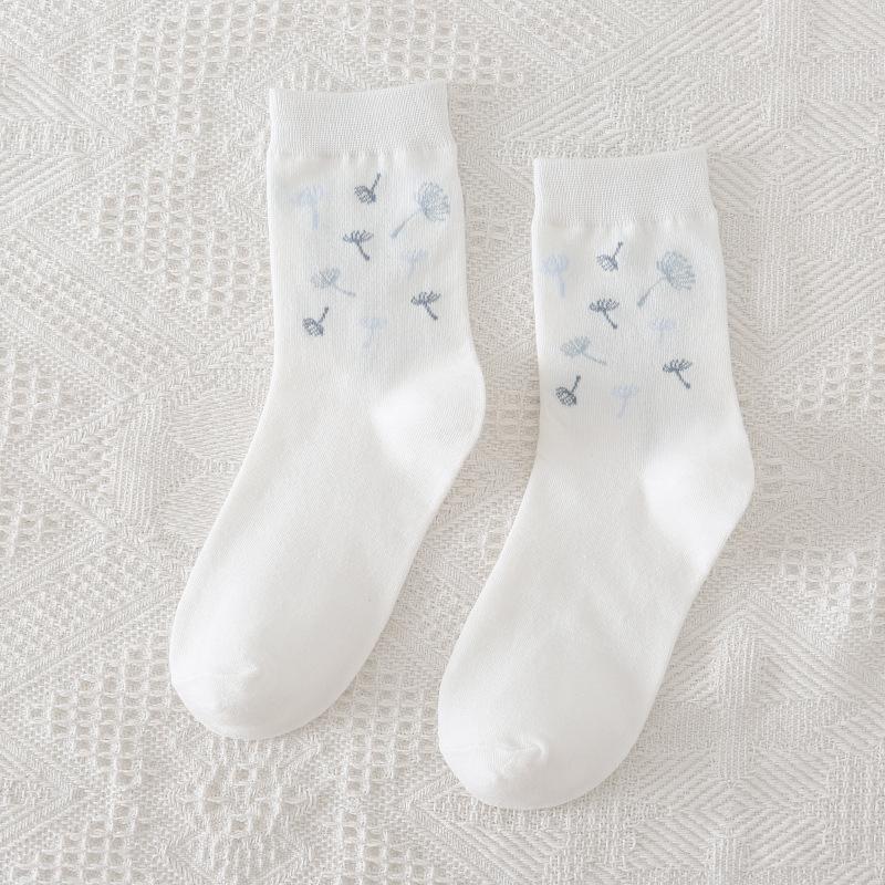 

5/10 Pairs Comfortable Casual Spring Fall Socks for Women Mid Calf White Socks Cute Cartoon Student Long Socks Fresh Plant Cotton Socks 5 Pairs