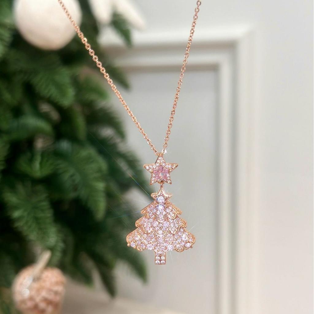 Women's Christmas Tree Pink Crystal Zircon Star Pendant Earrings Bright Snowflake Glitter Pink Jewelry Gift