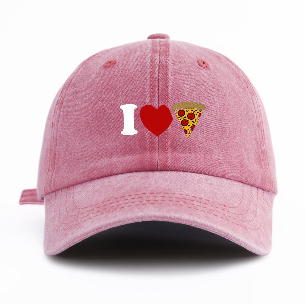 1pc I Love Pizza Print Washed Baseball Cap for Adults, Minimalist Retro Style Casual Soft Adjustable Dad Hat, Perfect As Gift
