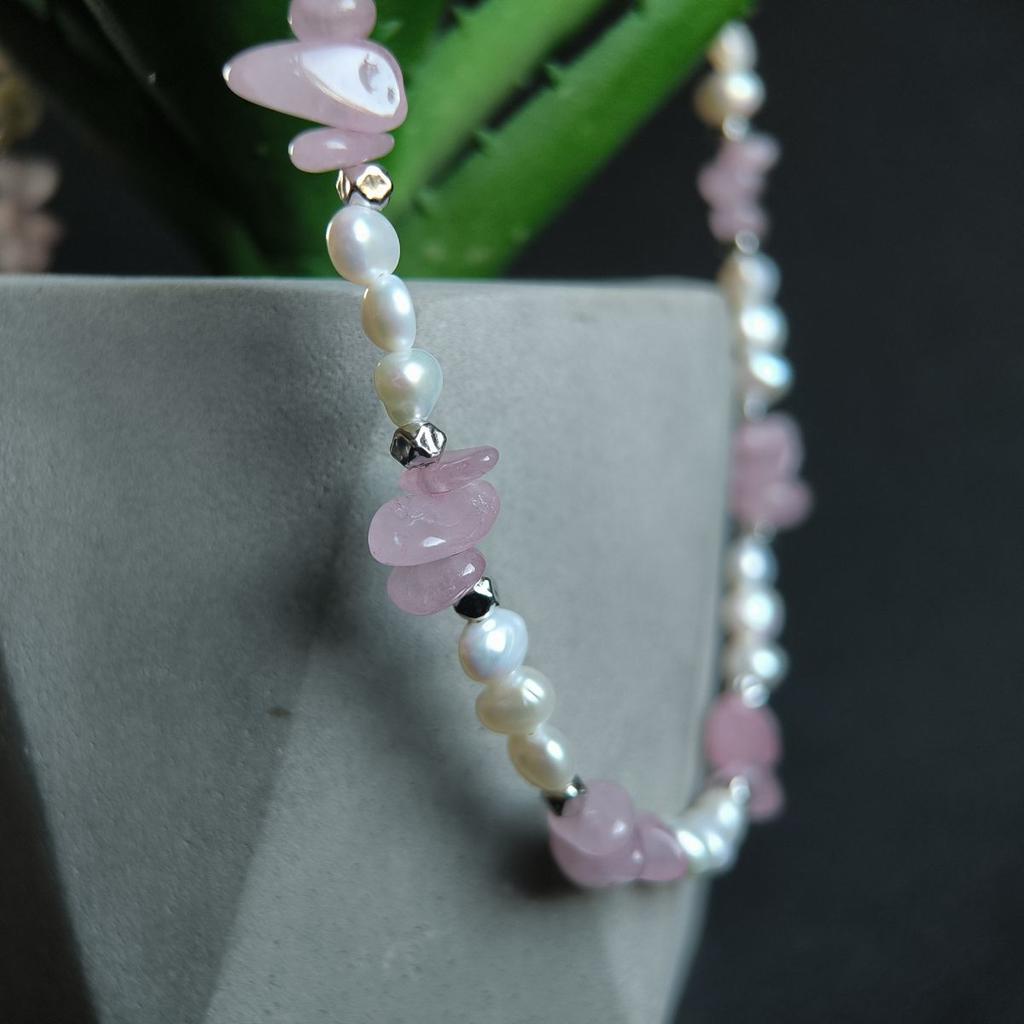 Silver Necklace with Natural Baroque Pearls, Quartz, Item Weight 19.7 G (2184898)