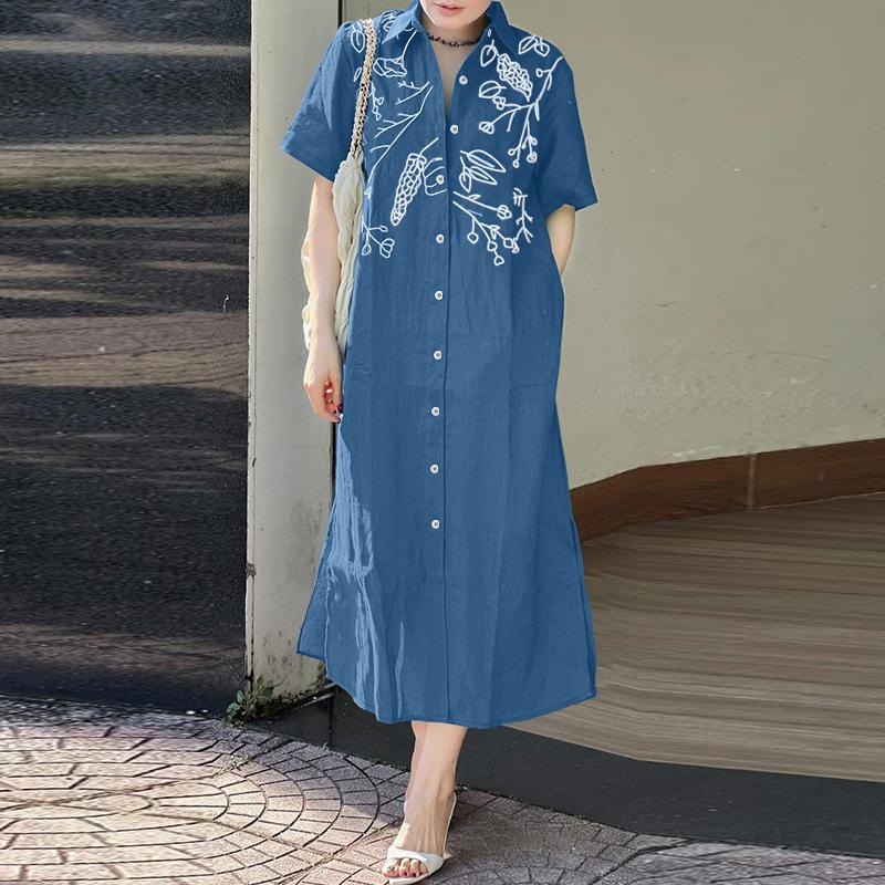 ZANZEA Women Casual Turn Down Collar Short Sleeve Print Shirt Dress