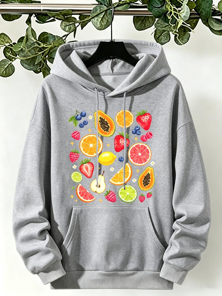 Organic Fruit Orange Strawberry Printing Women Hoody Pocket Autumn Hoodie Casual Daily Female Sportswear Loose Y2K Pullover Top