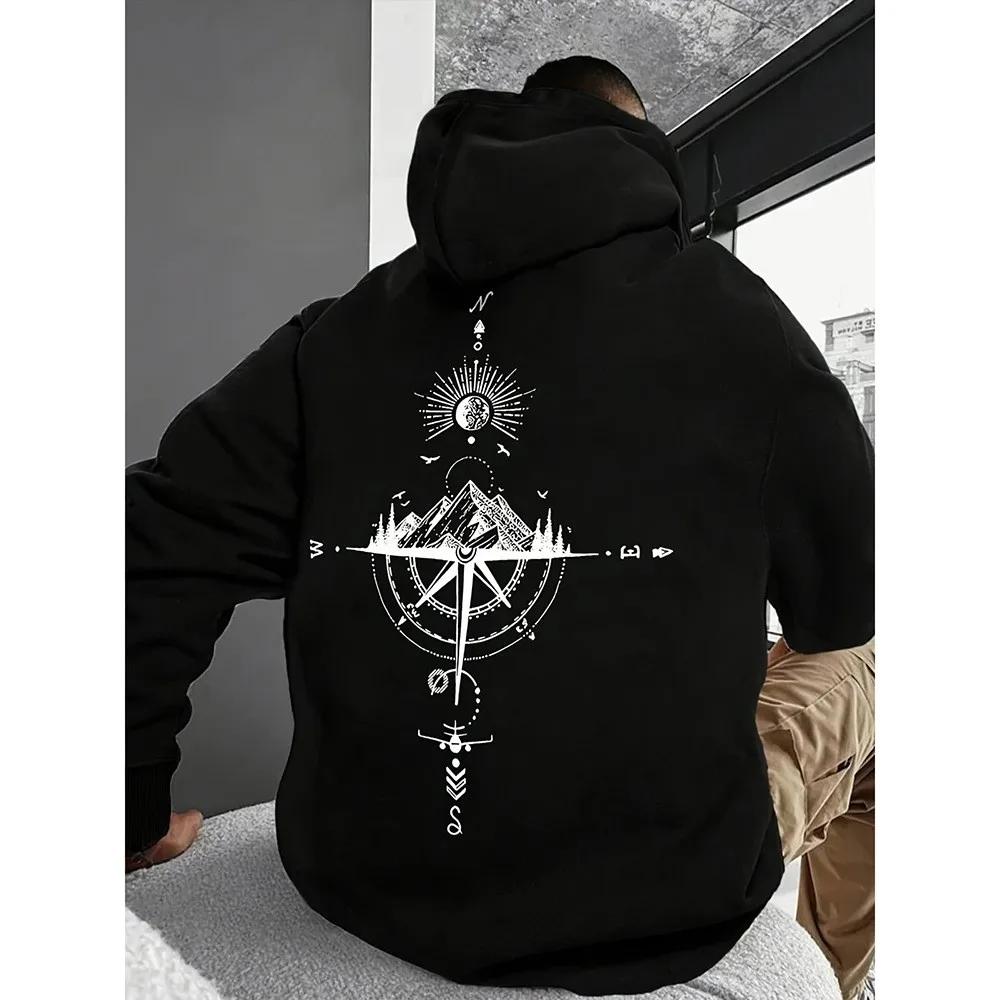 Vintage Kompass-Print Hoodies für Herren Hochwertiger Kapuzenpullover Langarm Allwetter Täglich Lässig Sportliche Oberteile Herrenbekleidung