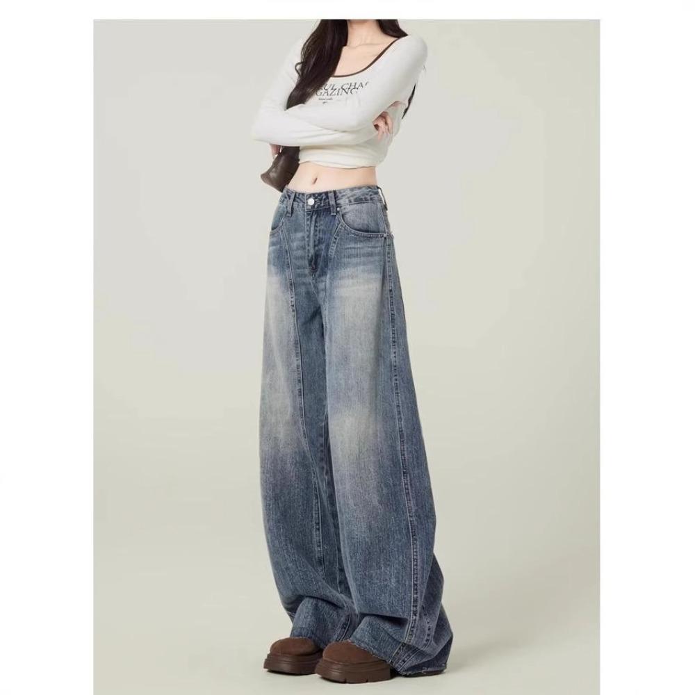 Women's High Waist Wide Leg Baggy Jeans Loose Fit Vintage Washed Patchwork Non Stretch Casual Long Denim Trousers