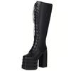 Sexy Punk Knee High Boots Platform Gothic Black High Heels Winter Boot Leather Lace Up Stripper Fetish Shoes Ladies Big Size 45