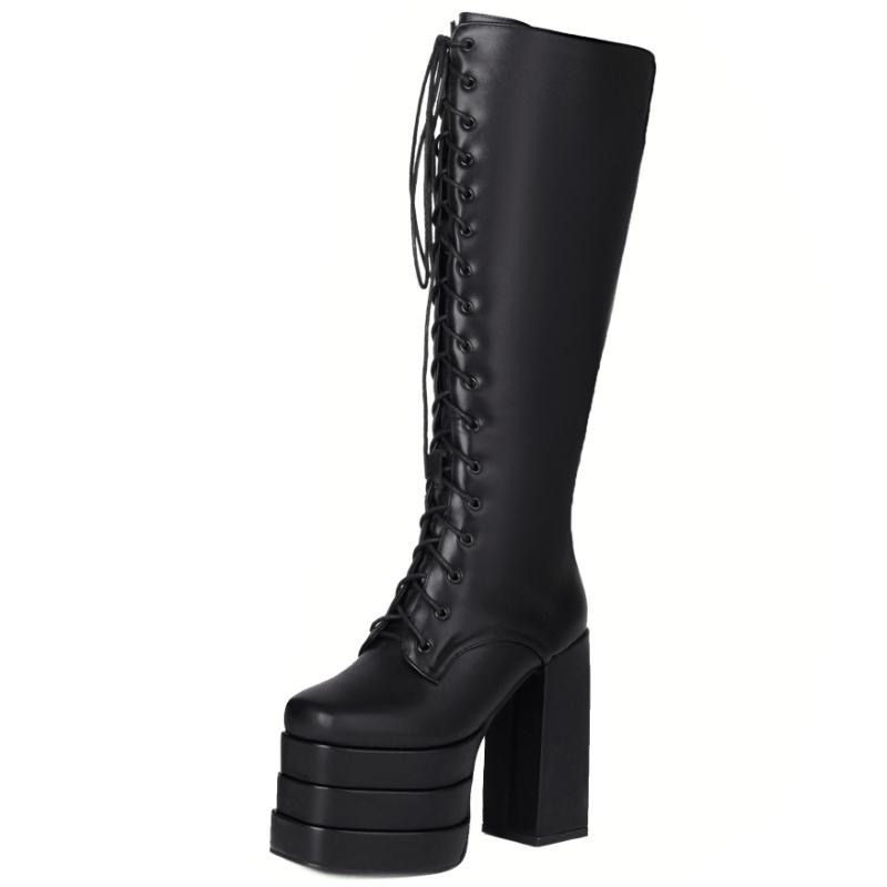 Sexy Punk Knee High Boots Platform Gothic Black High Heels Winter Boot Leather Lace Up Stripper Fetish Shoes Ladies Big Size 45