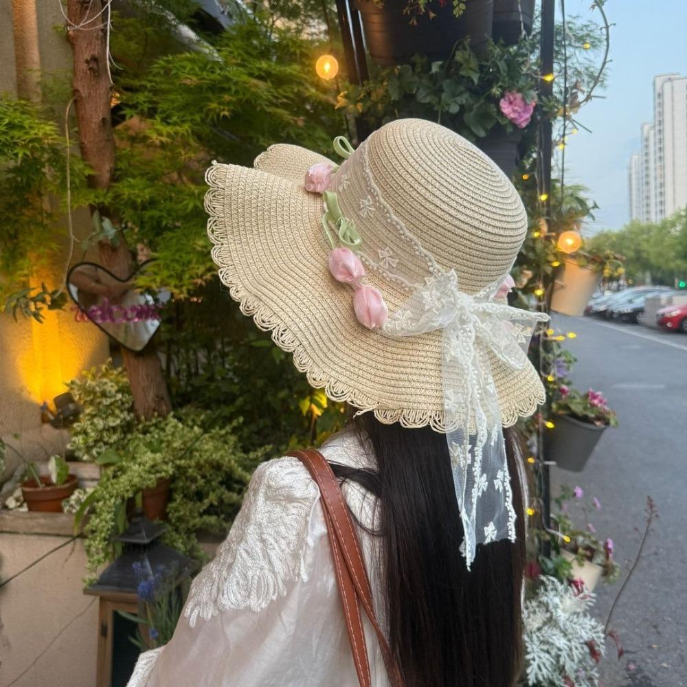 Wide Brim Straw Woven Hat Korean Style Bow Sunscreen Hat Simple Lace Tulip Sun Hat  Travel