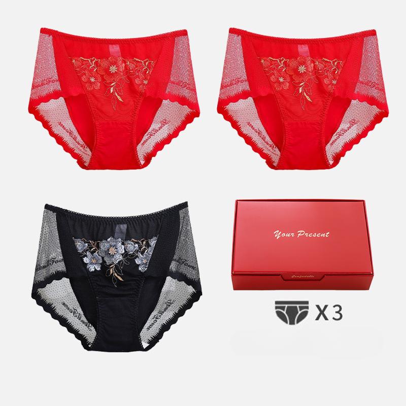 Jedwab haftowany średni stan koronka seksowna bielizna bezszwowa damska plus size duża czerwona bielizna damska majtki
