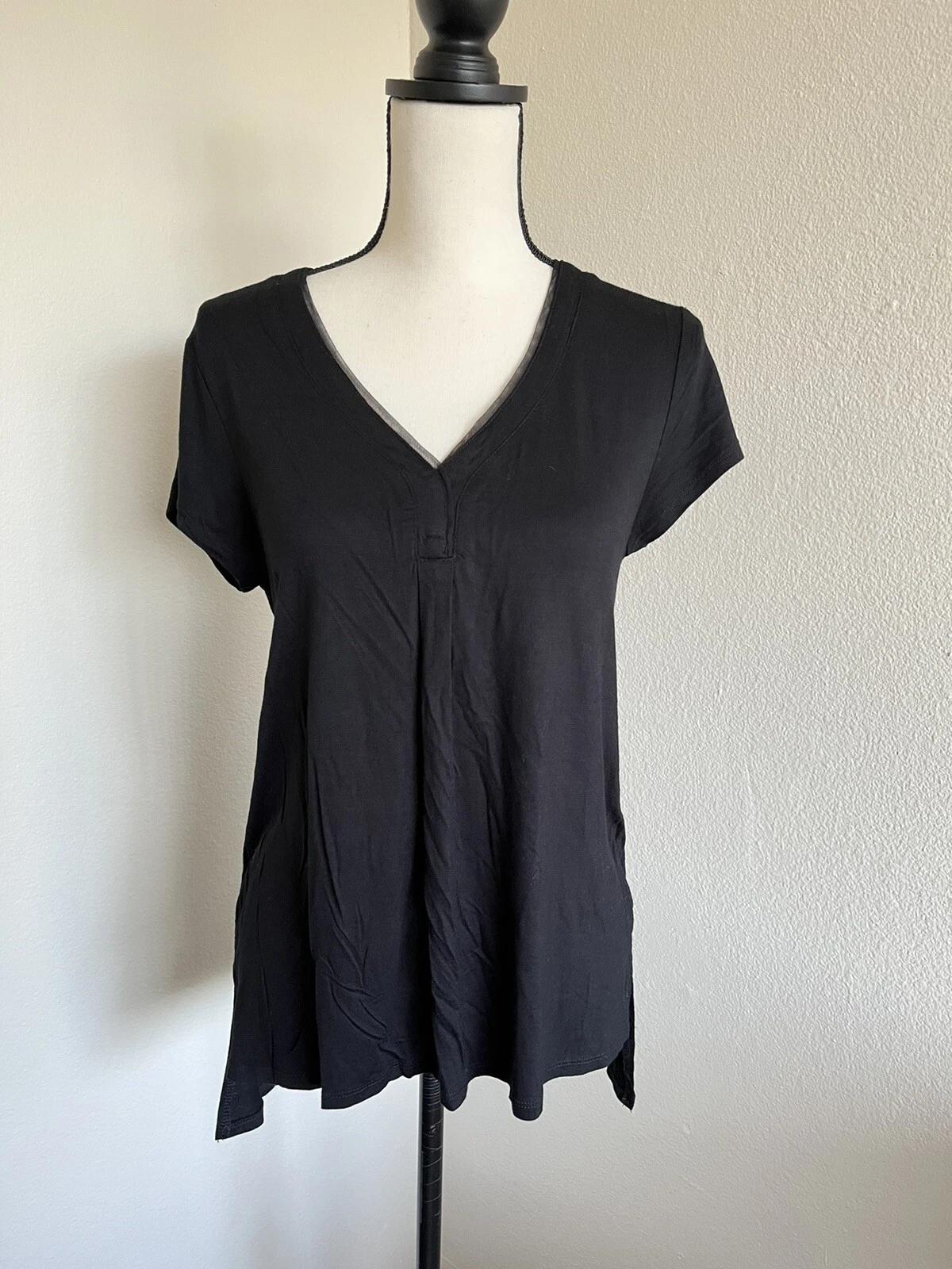 Ellen Tracy Black V Neck Long Mesh Trim Short Sleeve T Shirt Size Small S