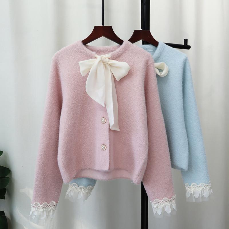 Imitation Mink Fleece Sweater Jacket Spring New Bow Splicing Lace Knitted Cardigan Women