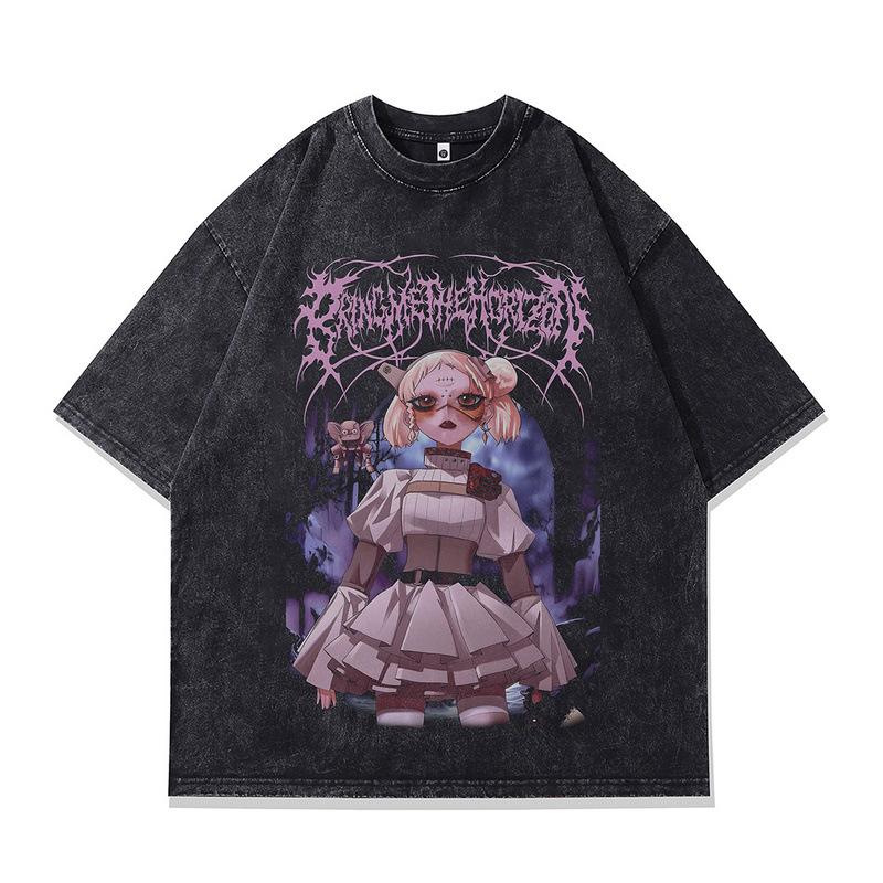 Tide Brand Two-Dimensional Dark Wind Printing Short-Sleeved T-Shirt For Men And Women Trend Washing Old Couples