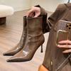 Fashion Women's Sexy Pointed Toe Ankle Boots Vintage Autumn New Fashion High Heels Patent Leather Skinny Boots Women Brown Short Booties
