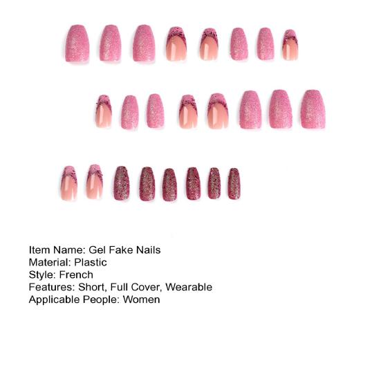 1 Set Women Wearable False Nails with Glue Pink-Purple Color Glitter Gel Fake Nails French Sequined Manicure Tips DIY Nail Art Kit