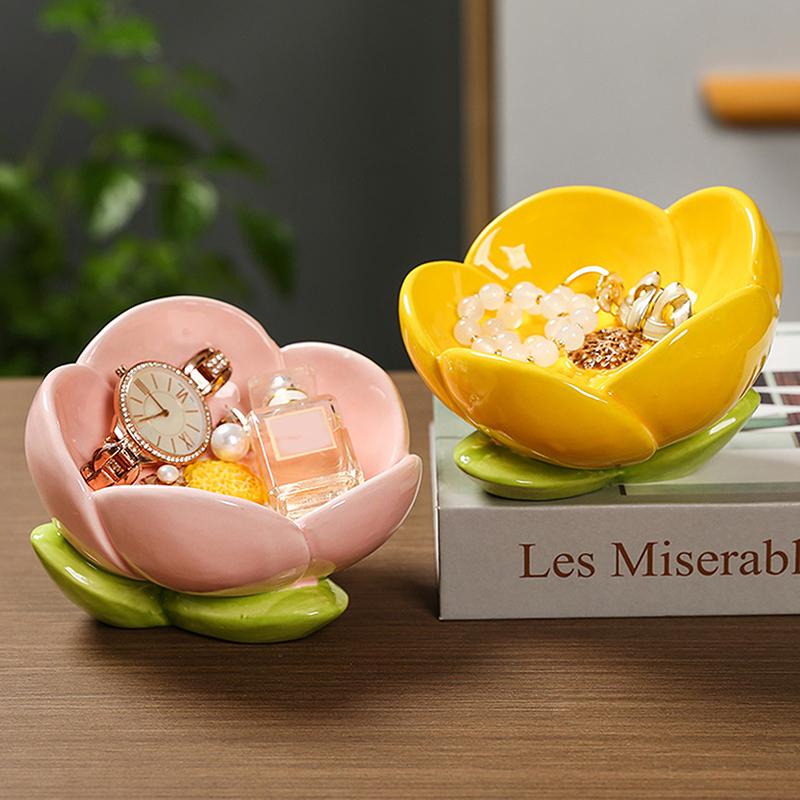 Home Decor Ceramic Flower Jewelry Tray Trinket Tray Ring Dish Holder Key Bowl Home Decor Dish-Pink Office Desk Accessory Shaped