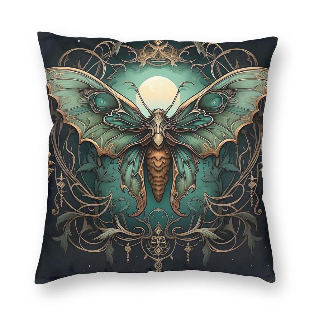 Emerald Hue Moth Square Pillowcase Polyester Linen Velvet Creative Zip Decorative Sofa Cushion Cover