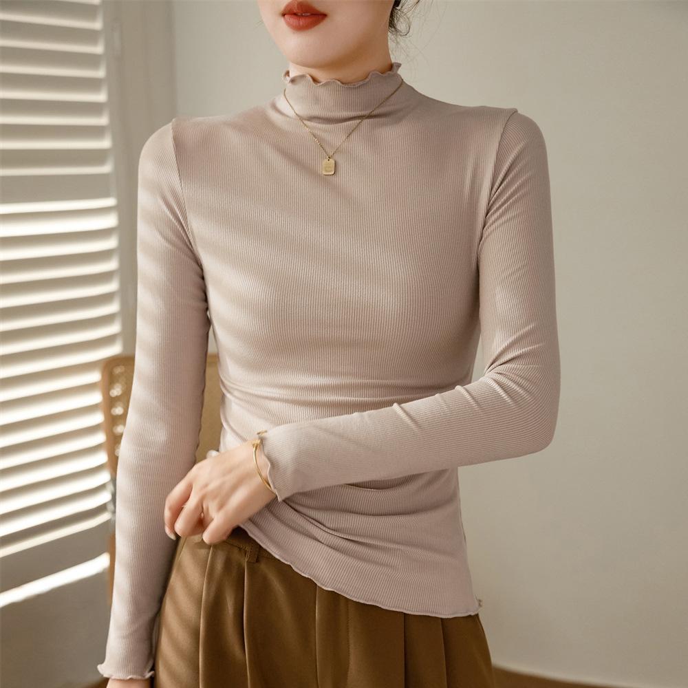 

Женская базовая футболка с полуворотником-стойкой и оборками из черного гриба, с длинным рукавом, новая, приталенная, для осени и зимы 2XL