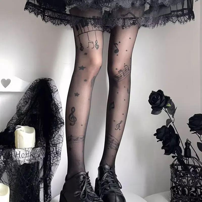 Women  Stocking Gothic Music Notes Print Tights Thin High Elasticity Black Skin Leggings Spicy Girls Y2K Hosiery
