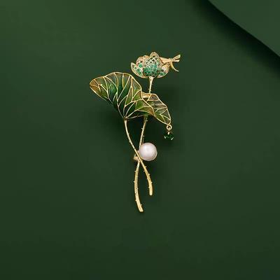 Zircon-Inlaid Lotus Brooch In Enamel Pearl, Chinese Qipao Hanfu Style Pin Accessory