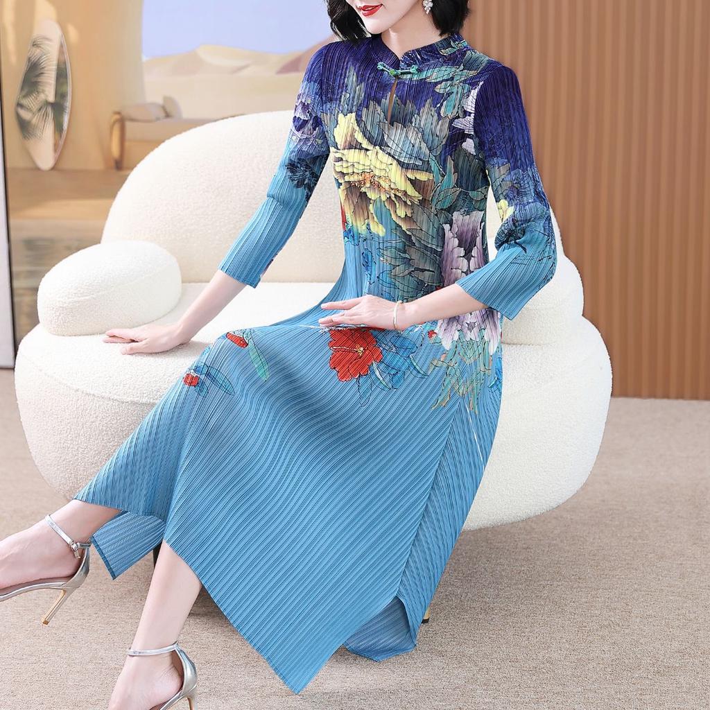 Spring and Autumn Women's Printed Dress Slim Long A-Line Long Dress Irregular Hem