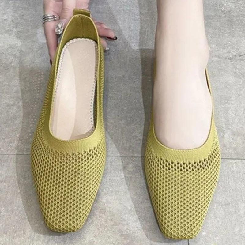 WTEMPO Soft Sole Single Shoes Women's Spring and Summer Square Toe Mesh Low Square Heel Solid Color Knitted Hollow Breathable Non-slip Woven Shoes