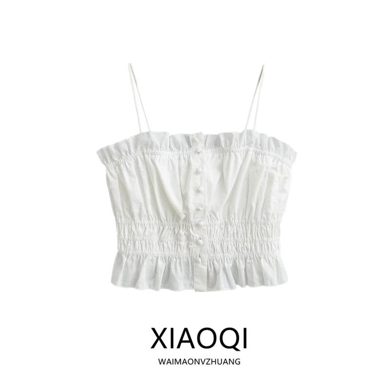 Fashion Style 2024 Summer New Arrival Female Easiest for Match Sweet Girl Wooden Ear Smocking Short Camisole Uwl240053