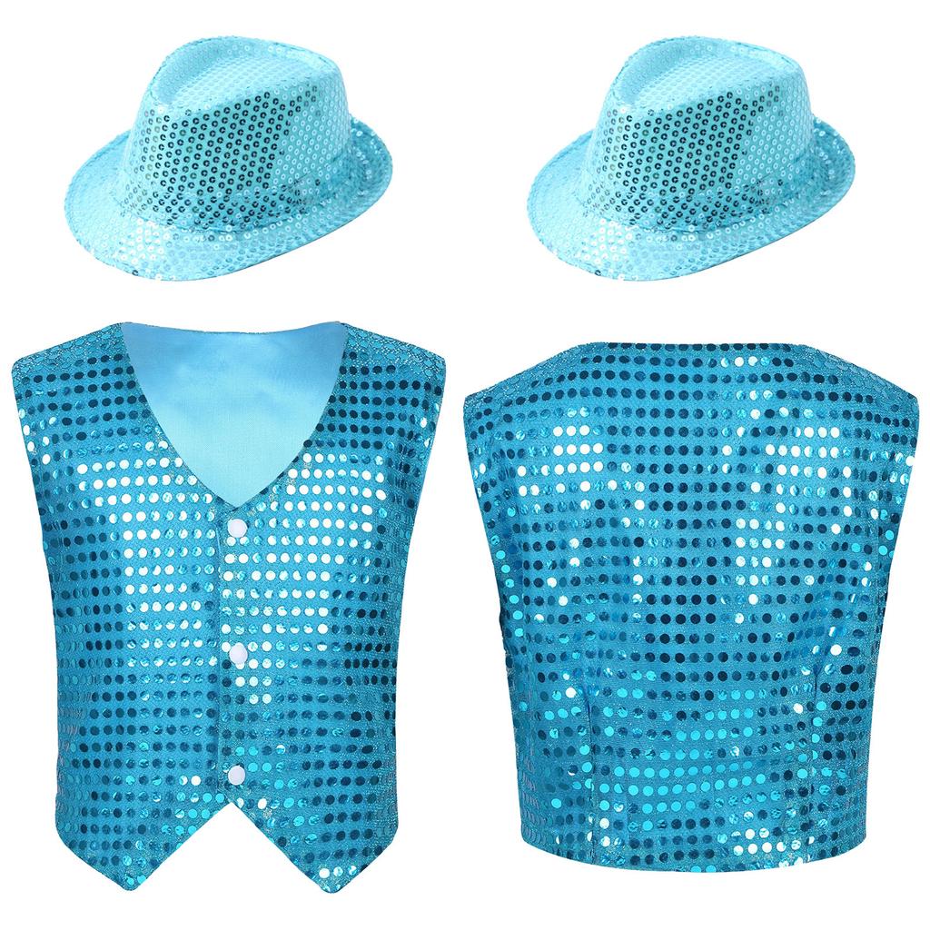 Kids Boys Glittery Sequined Waistcoat with Hat for Jazz Dance Stage Performance Costume