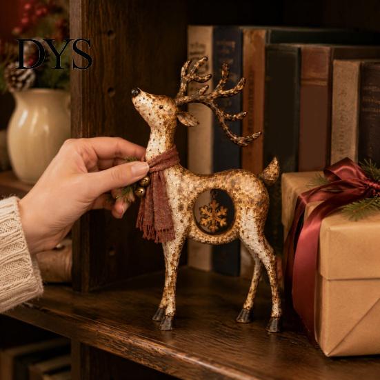 Artistic Resin Reindeer with Scarf Rustic Christmas Figurine, Statue Hanging Snowflake, Red Decorative Figurines for Coffee Tables And Bell,